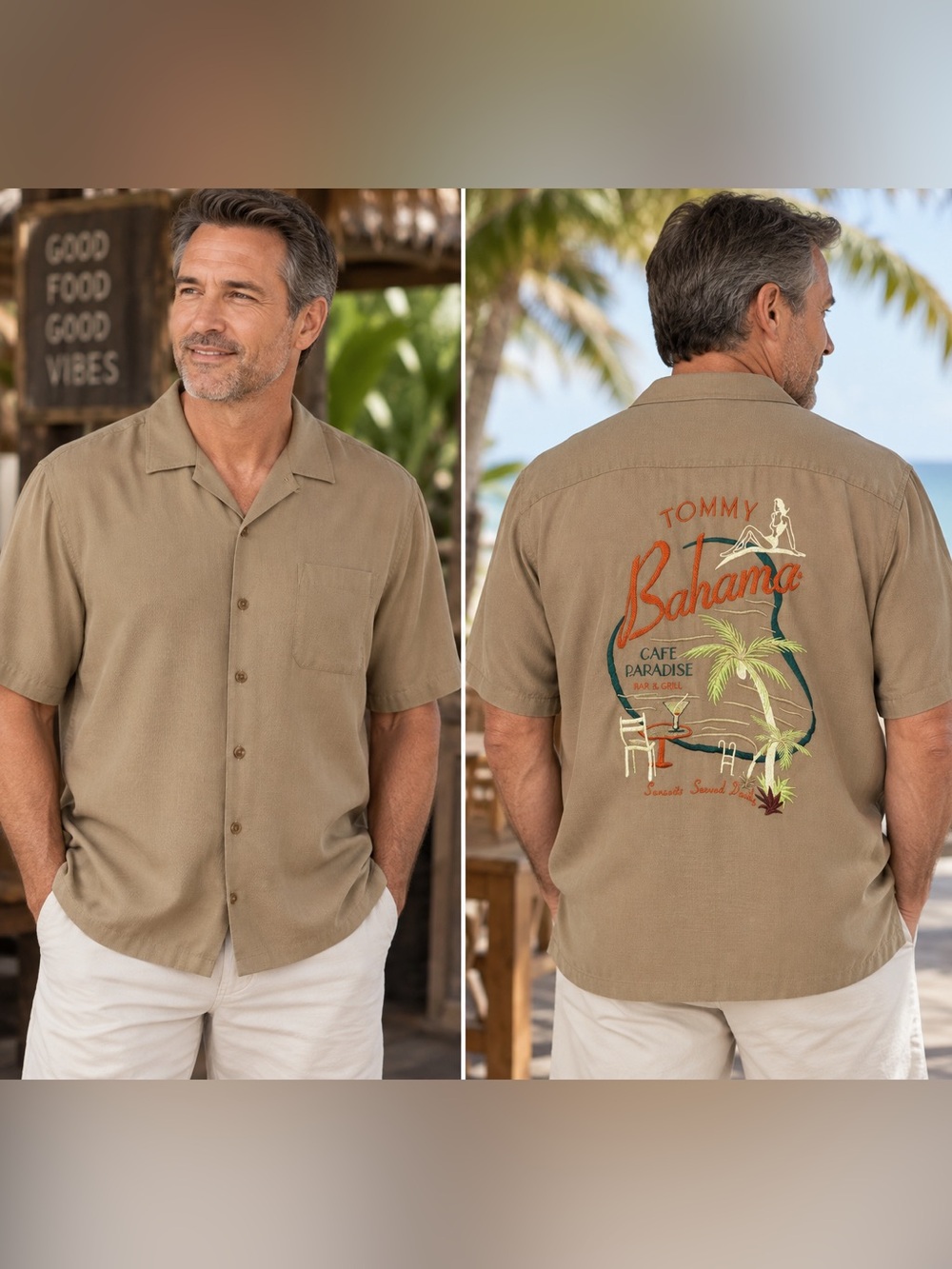 Tommy Bahama Cafe Paradise 100% Silk Embroidered Shirt Mens XXL Taupe Button Up